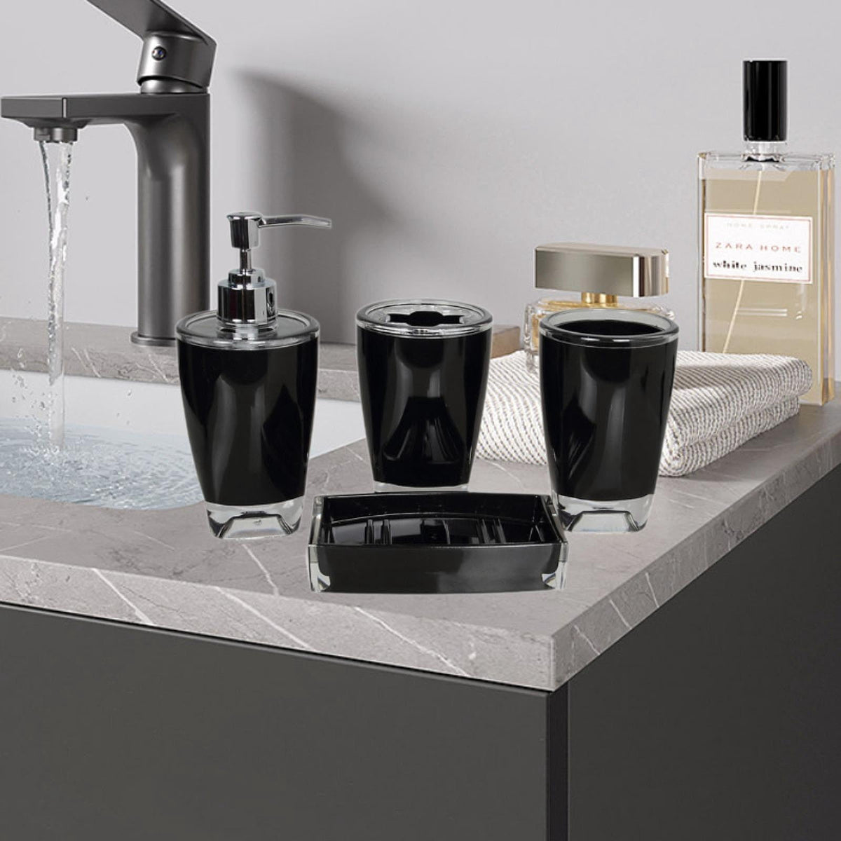 Lazsy 4 Pieces Soap Dispenser Toothbrush Holder Apartment Essentials Acrylic Organizer Black